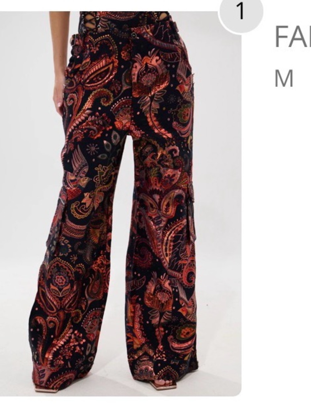 AKIRA Black Paisley Wide-Leg Bootcut Pants with Rust & Olive Accents